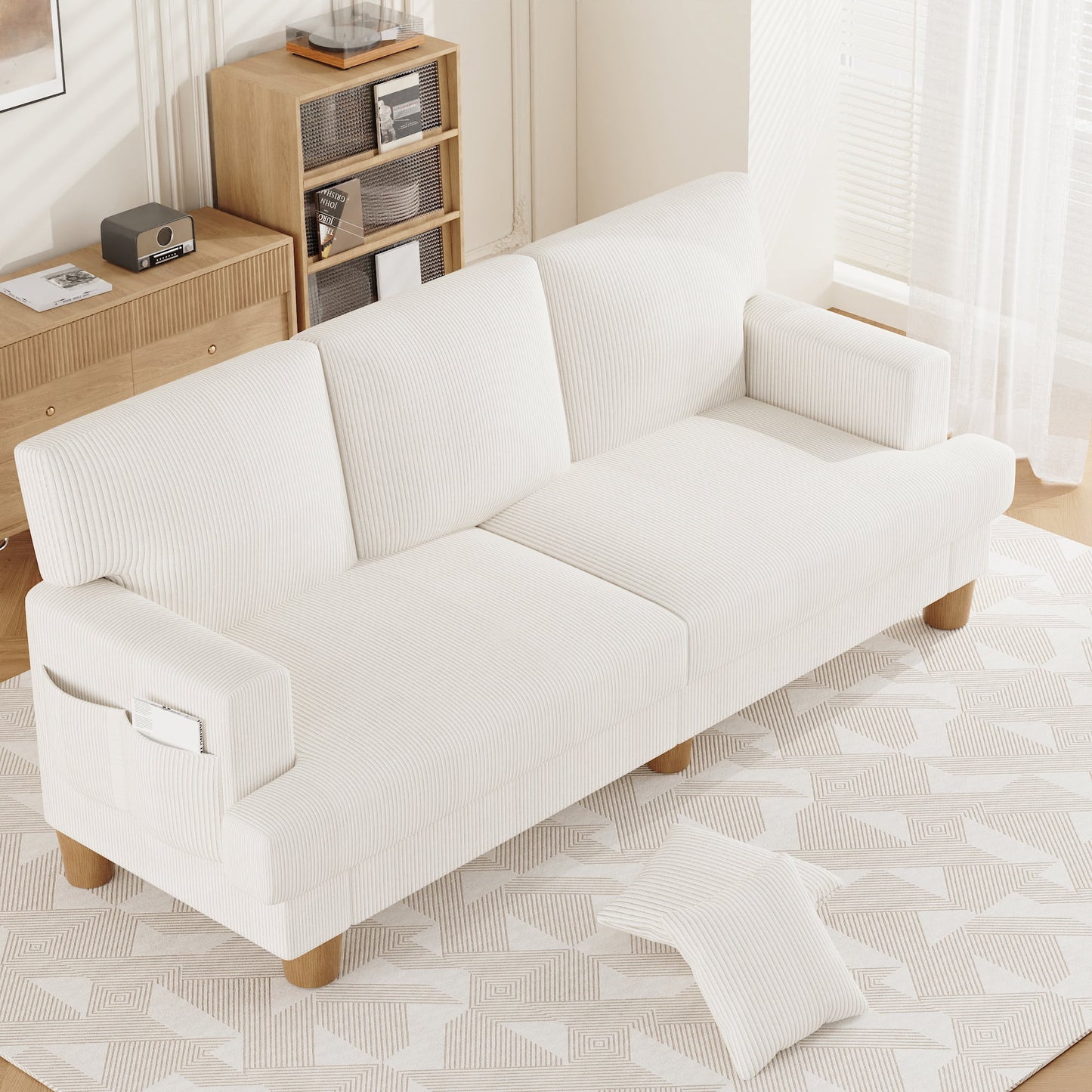 AAQZ 87" Corduroy Sofa Couch for Living Room, 3 Seater Deep Seat Comfy Couch in a Box, 2 Cushions, 2 Pillows Tool-Free Setup,White