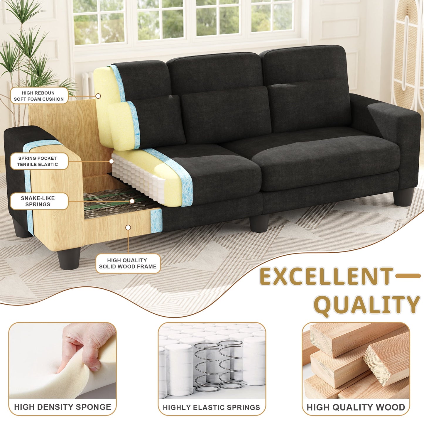 3 Seater Sofa, Upholstered Couch with 3 Pillows and Removable Linen Cover, Deep Seat Sofa with Wide Armrests for Living Room, Bedroom, or Office, Gray