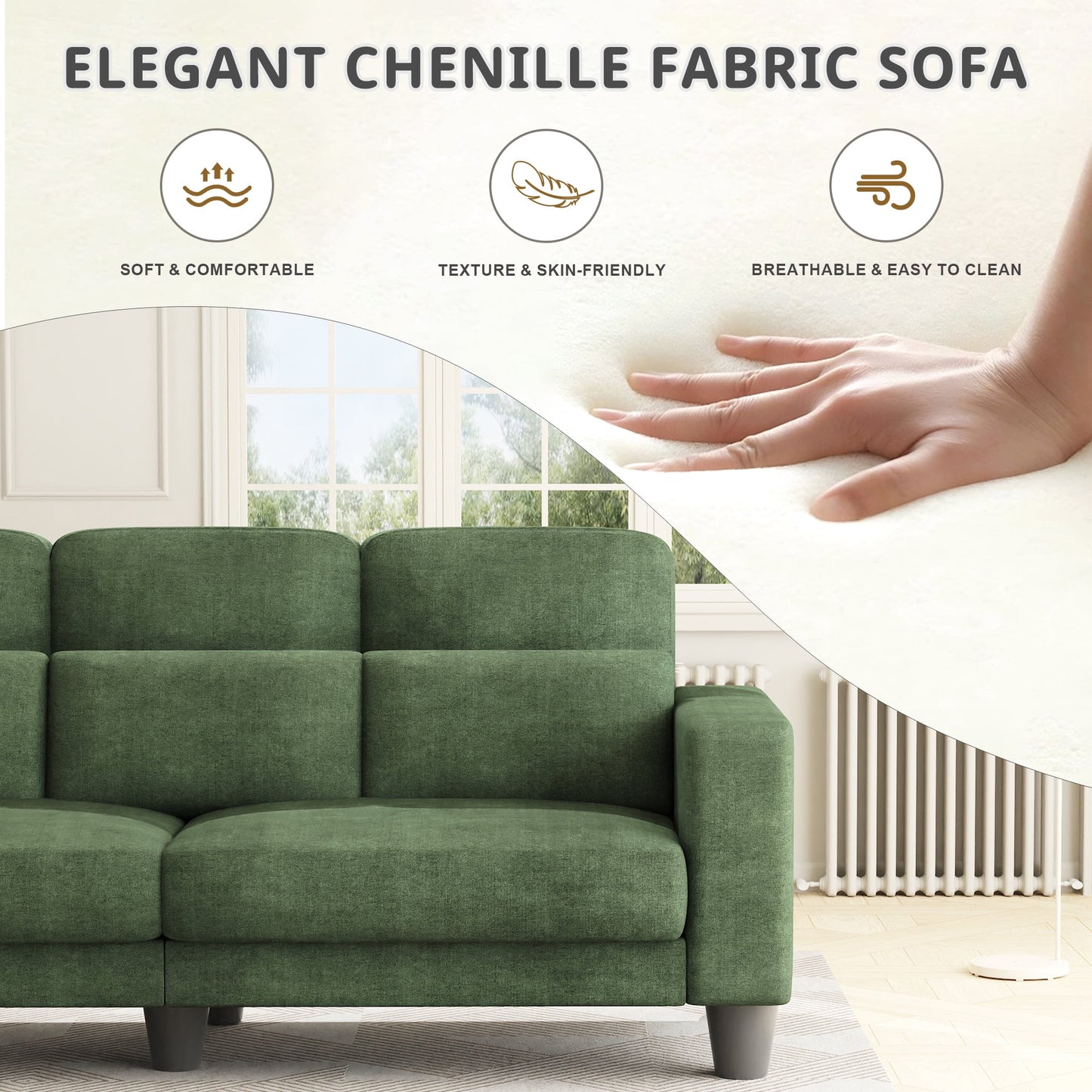 3 Seater Sofa, Upholstered Couch with 3 Pillows and Removable Linen Cover, Deep Seat Sofa with Wide Armrests for Living Room, Bedroom, or Office, Green