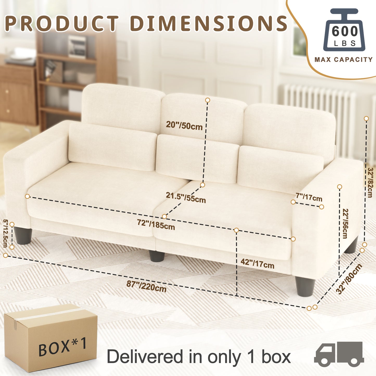 3 Seater Sofa, Upholstered Couch with 3 Pillows and Removable Linen Cover, Deep Seat Sofa with Wide Armrests for Living Room, Bedroom, or Office, Beige