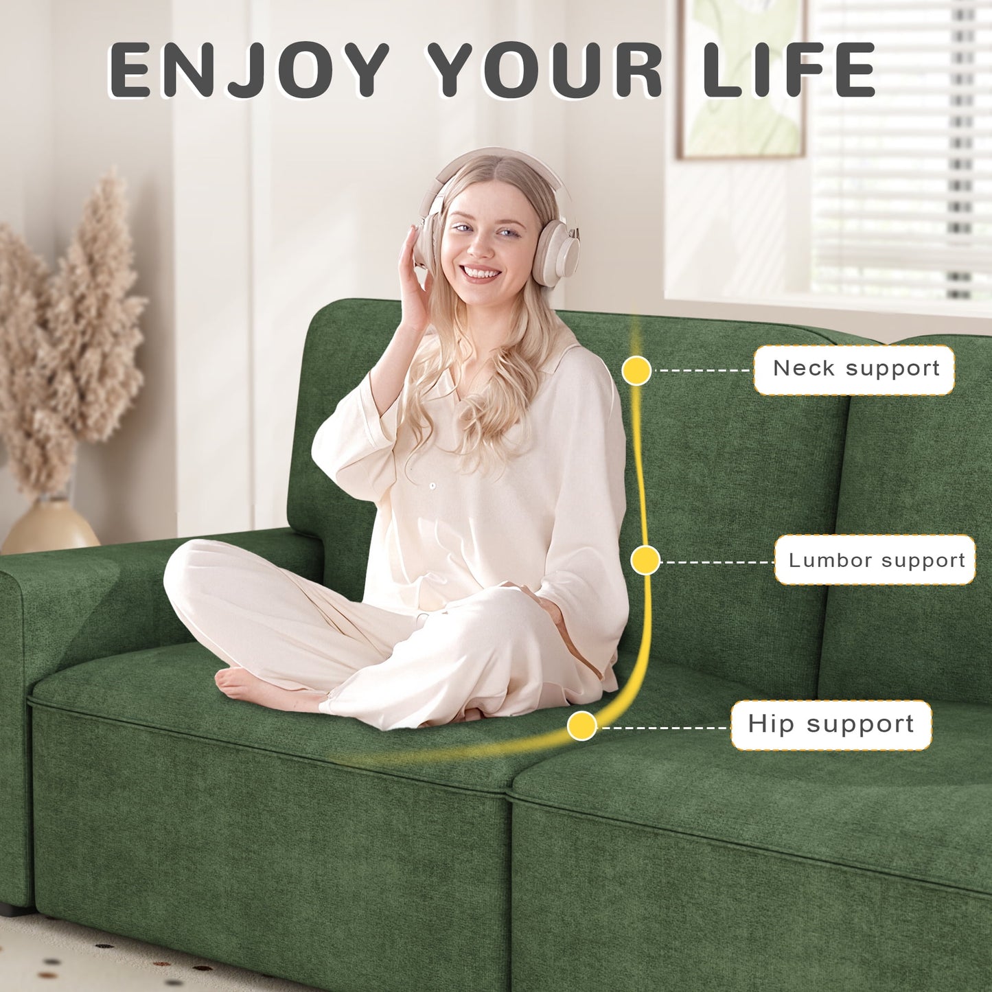 AAQZ 87" Comfy Sofa Couch for Living Room, Modern Deep Seat Couch with Wide Armrest, Removable Cover, Chenille Fabric Couches for Small Space, Apartment, 3 Seater(Green)
