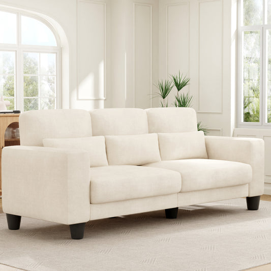 3 Seater Sofa, Upholstered Couch with 3 Pillows and Removable Linen Cover, Deep Seat Sofa with Wide Armrests for Living Room, Bedroom, or Office, Beige