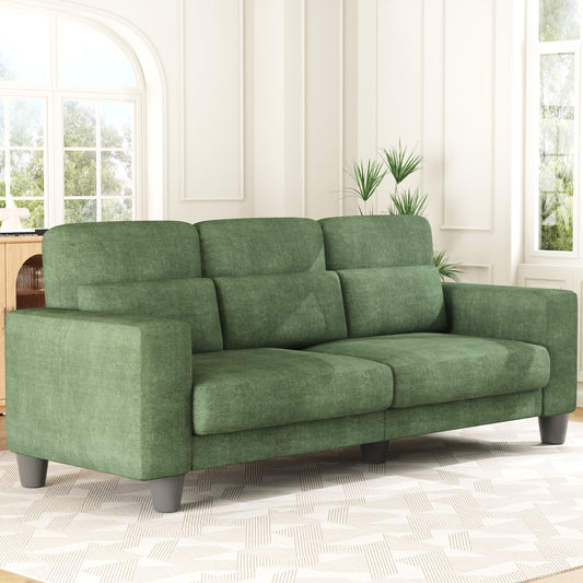 3 Seater Sofa, Upholstered Couch with 3 Pillows and Removable Linen Cover, Deep Seat Sofa with Wide Armrests for Living Room, Bedroom, or Office, Green