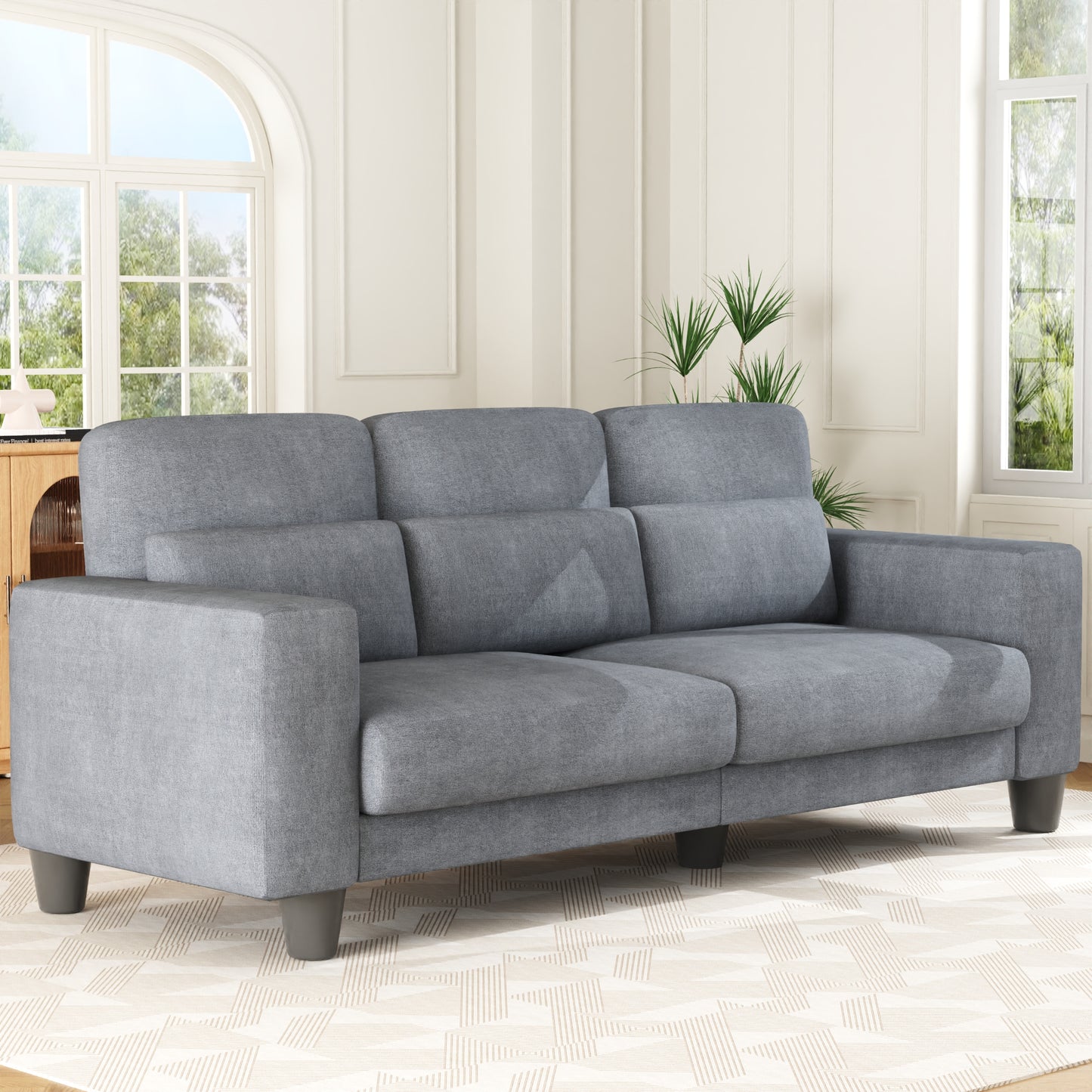 3 Seater Sofa, Upholstered Couch with 3 Pillows and Removable Linen Cover, Deep Seat Sofa with Wide Armrests for Living Room, Bedroom, or Office, Light Gray