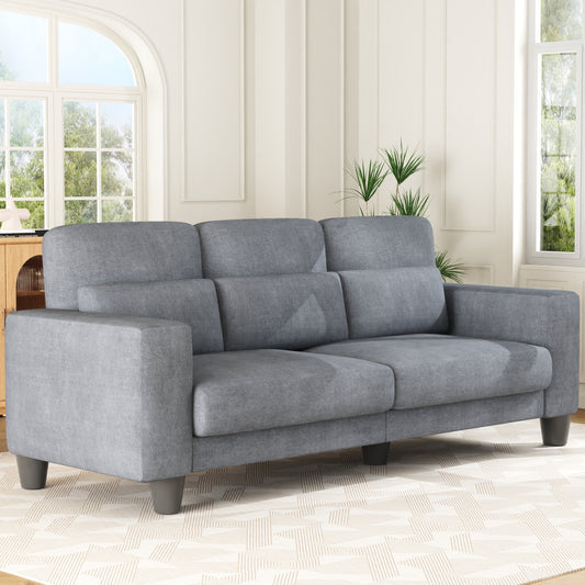 3 Seater Sofa, Upholstered Couch with 3 Pillows and Removable Linen Cover, Deep Seat Sofa with Wide Armrests for Living Room, Bedroom, or Office, Light Gray