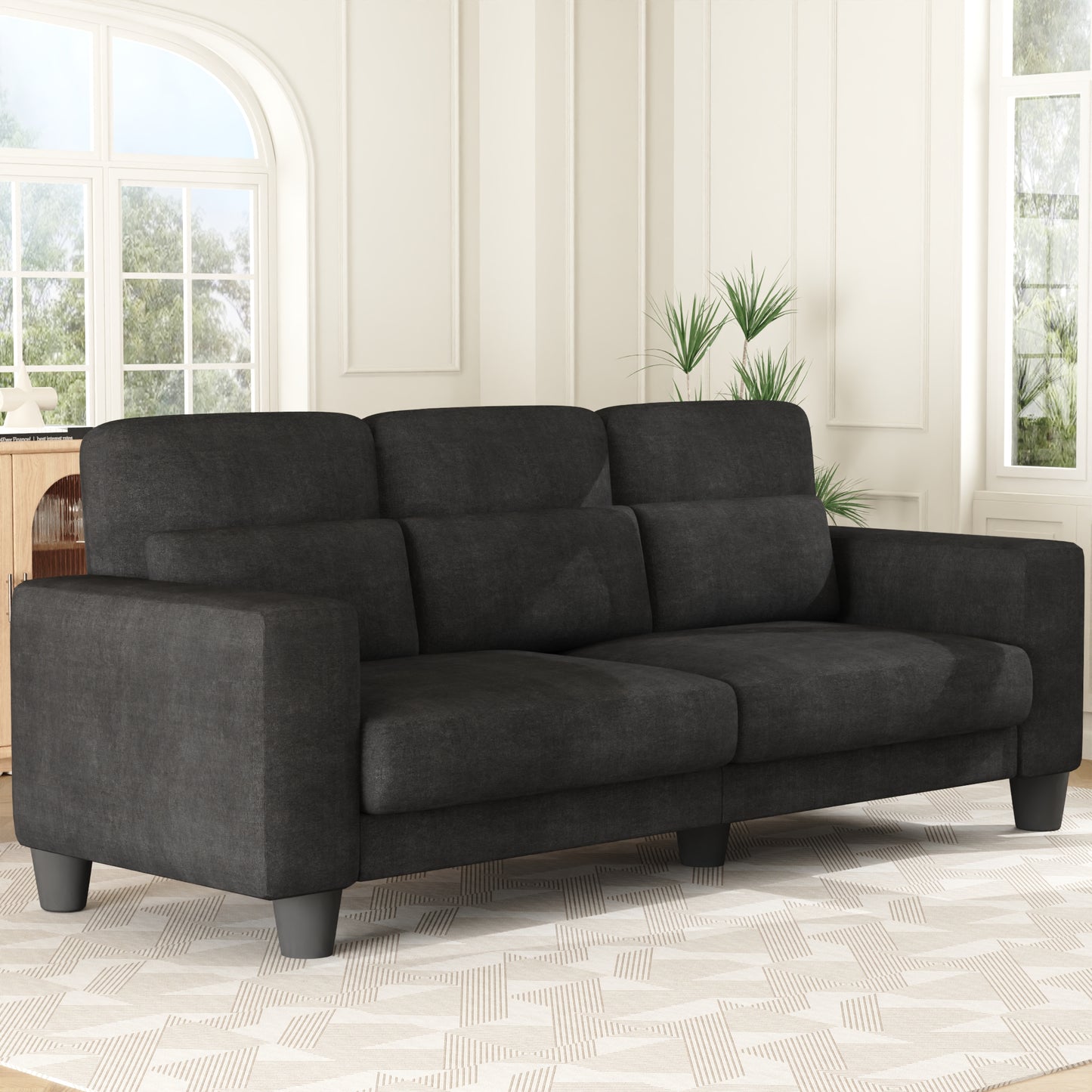 3 Seater Sofa, Upholstered Couch with 3 Pillows and Removable Linen Cover, Deep Seat Sofa with Wide Armrests for Living Room, Bedroom, or Office, Gray