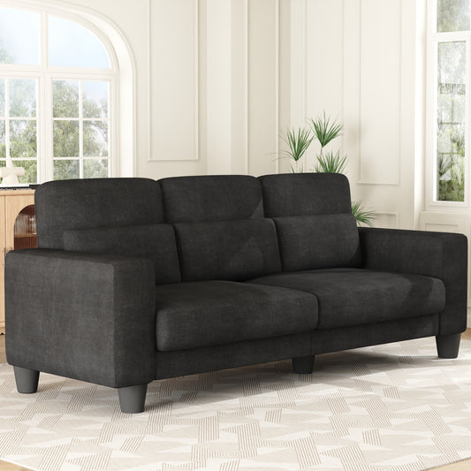 3 Seater Sofa, Upholstered Couch with 3 Pillows and Removable Linen Cover, Deep Seat Sofa with Wide Armrests for Living Room, Bedroom, or Office, Gray