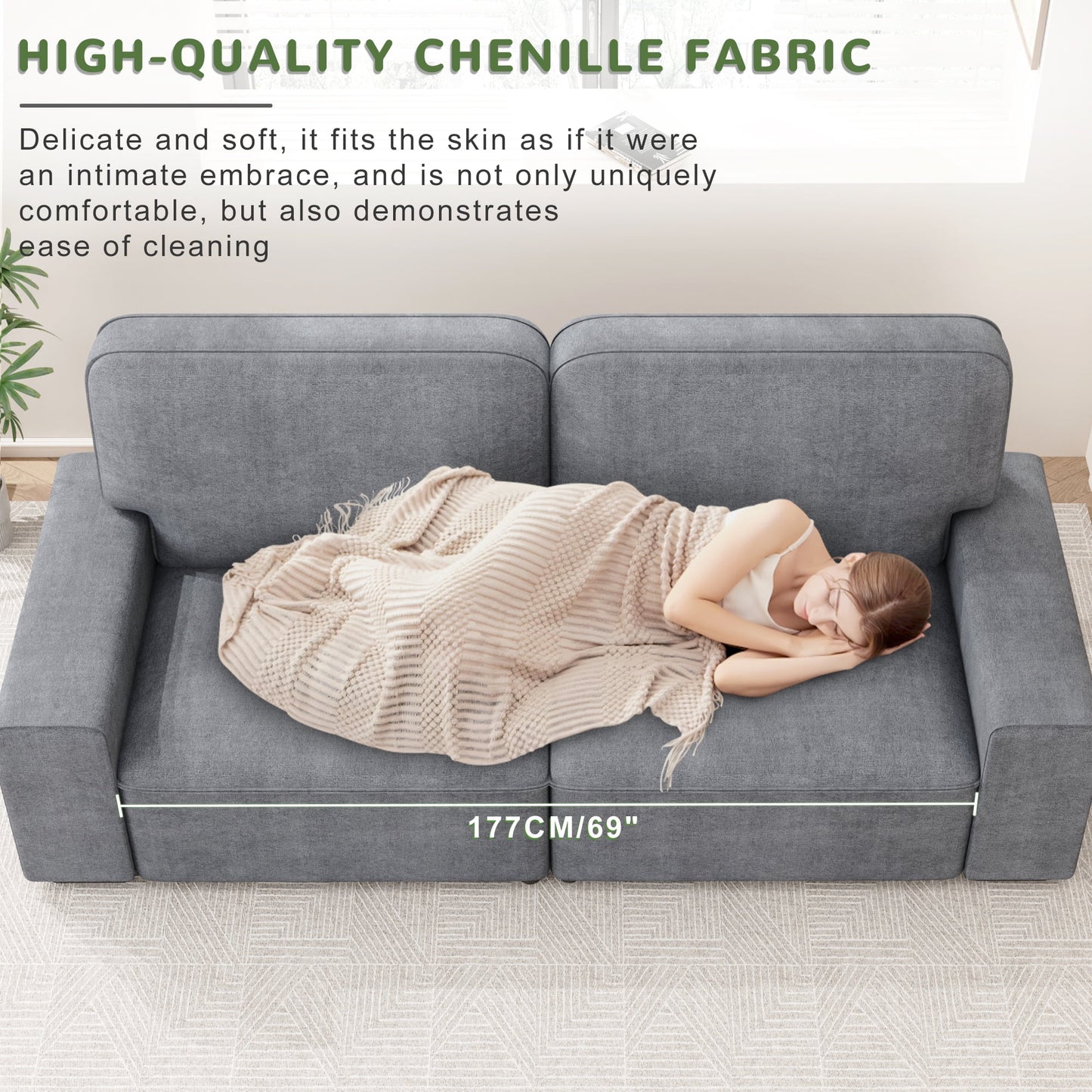 AAQZ 87" Comfy Sofa Couch for Living Room, Modern Deep Seat Couch with Wide Armrest, Removable Cover, Chenille Fabric Couches for Small Space, Apartment, 3 Seater(Light Gray)