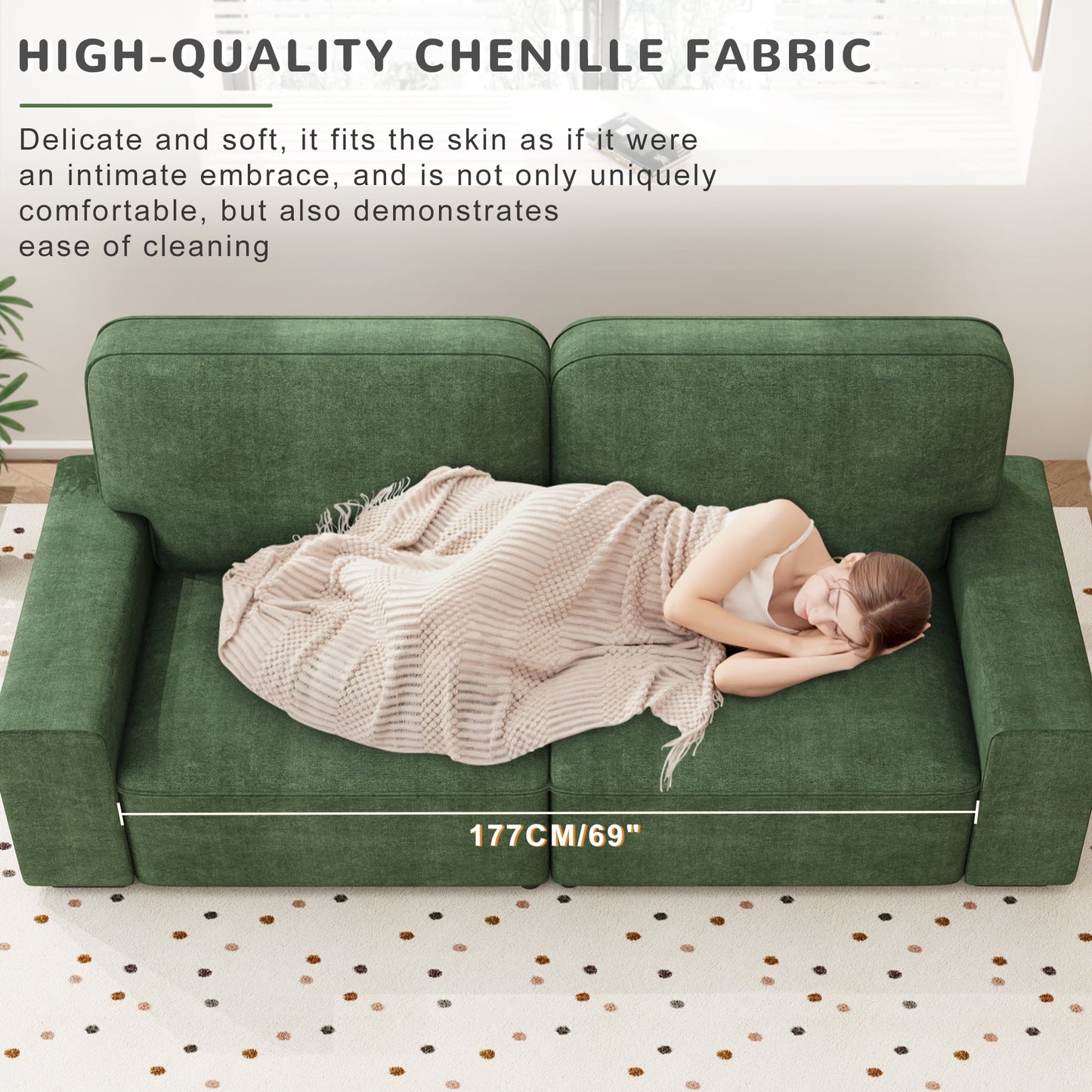 AAQZ 87" Comfy Sofa Couch for Living Room, Modern Deep Seat Couch with Wide Armrest, Removable Cover, Chenille Fabric Couches for Small Space, Apartment, 3 Seater(Green)