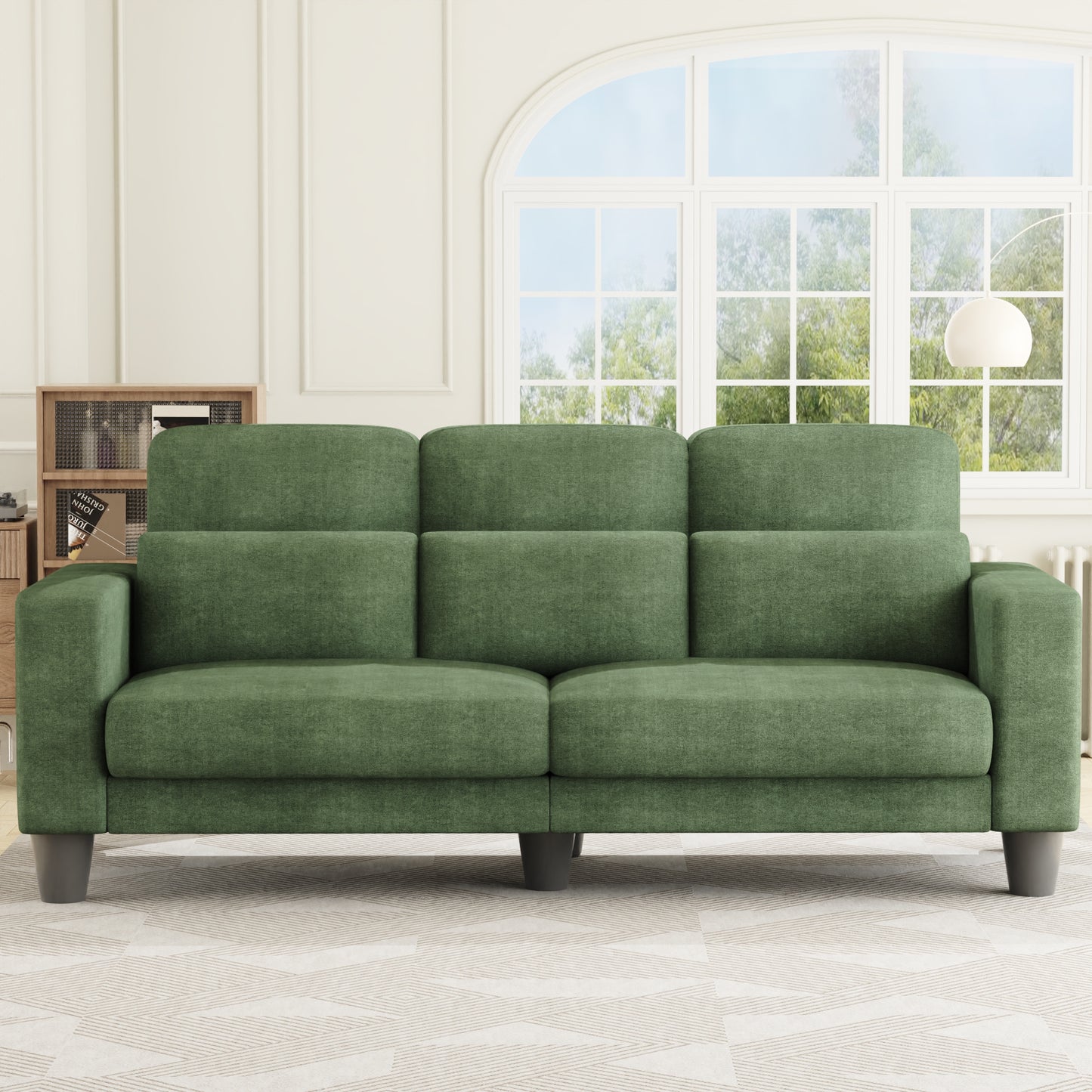 3 Seater Sofa, Upholstered Couch with 3 Pillows and Removable Linen Cover, Deep Seat Sofa with Wide Armrests for Living Room, Bedroom, or Office, Green