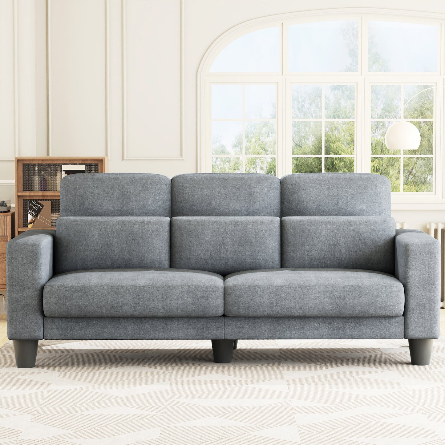 3 Seater Sofa, Upholstered Couch with 3 Pillows and Removable Linen Cover, Deep Seat Sofa with Wide Armrests for Living Room, Bedroom, or Office, Light Gray
