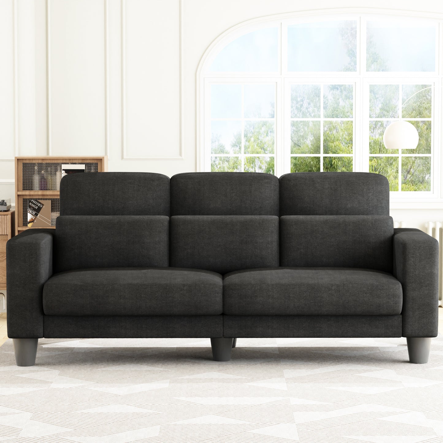 3 Seater Sofa, Upholstered Couch with 3 Pillows and Removable Linen Cover, Deep Seat Sofa with Wide Armrests for Living Room, Bedroom, or Office, Gray