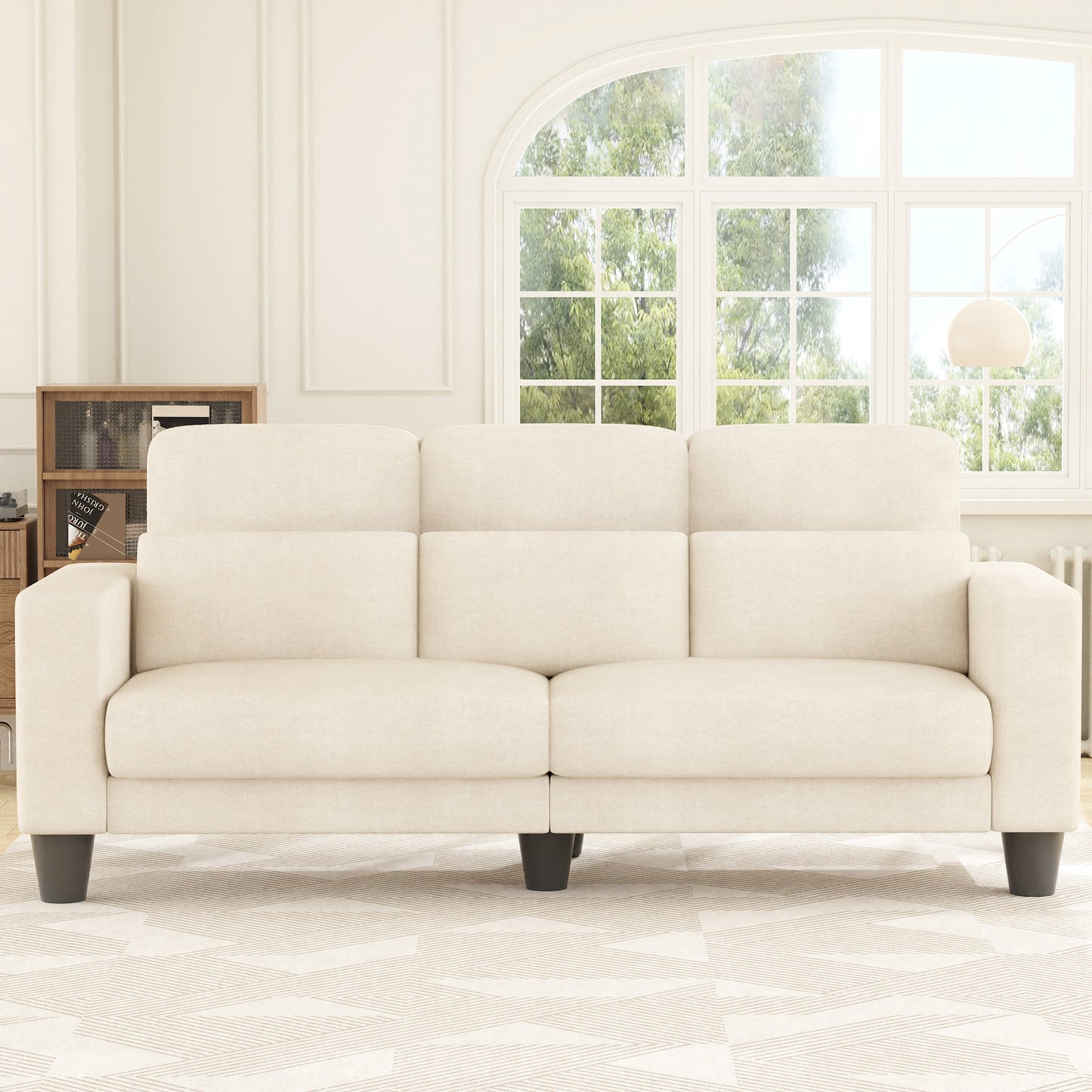 3 Seater Sofa, Upholstered Couch with 3 Pillows and Removable Linen Cover, Deep Seat Sofa with Wide Armrests for Living Room, Bedroom, or Office, Beige