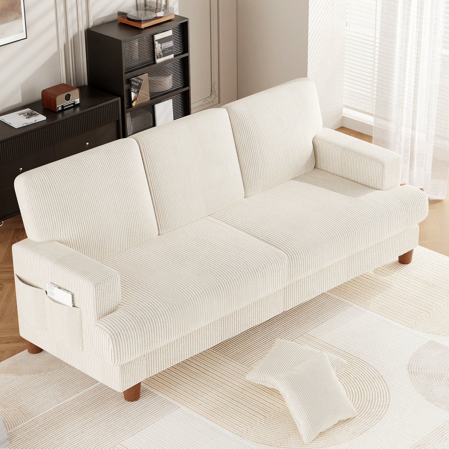 3 Seater Sofa for Living Room, AAQZ 87" Comfy Corduroy Couch, Solid Wood Leg, 2 Pillows, Beige