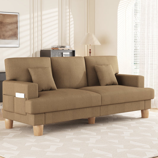 AAQZ 87" Corduroy Sofa Couch for Living Room, 3 Seater Deep Seat Comfy Couch in a Box, 2 Cushions, 2 Pillows Tool-Free Setup,Brown