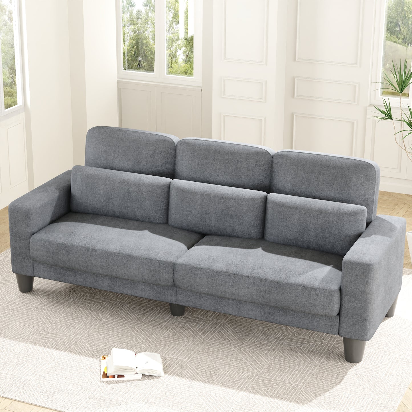 3 Seater Sofa, Upholstered Couch with 3 Pillows and Removable Linen Cover, Deep Seat Sofa with Wide Armrests for Living Room, Bedroom, or Office, Light Gray