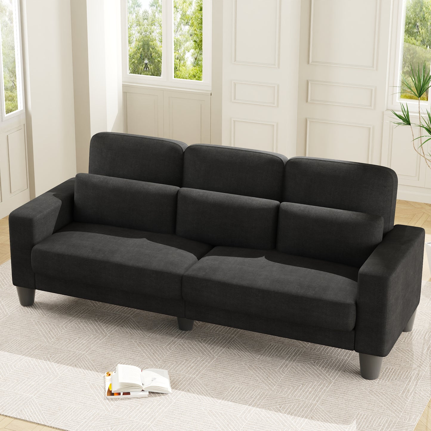 3 Seater Sofa, Upholstered Couch with 3 Pillows and Removable Linen Cover, Deep Seat Sofa with Wide Armrests for Living Room, Bedroom, or Office, Gray