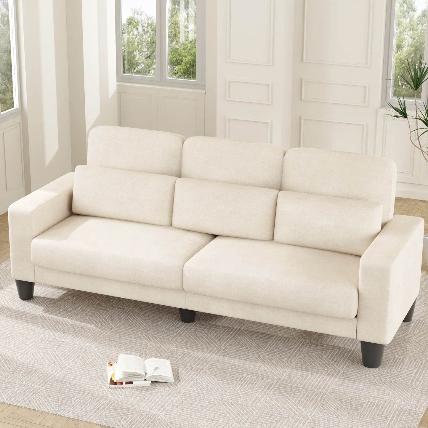 3 Seater Sofa, Upholstered Couch with 3 Pillows and Removable Linen Cover, Deep Seat Sofa with Wide Armrests for Living Room, Bedroom, or Office, Beige