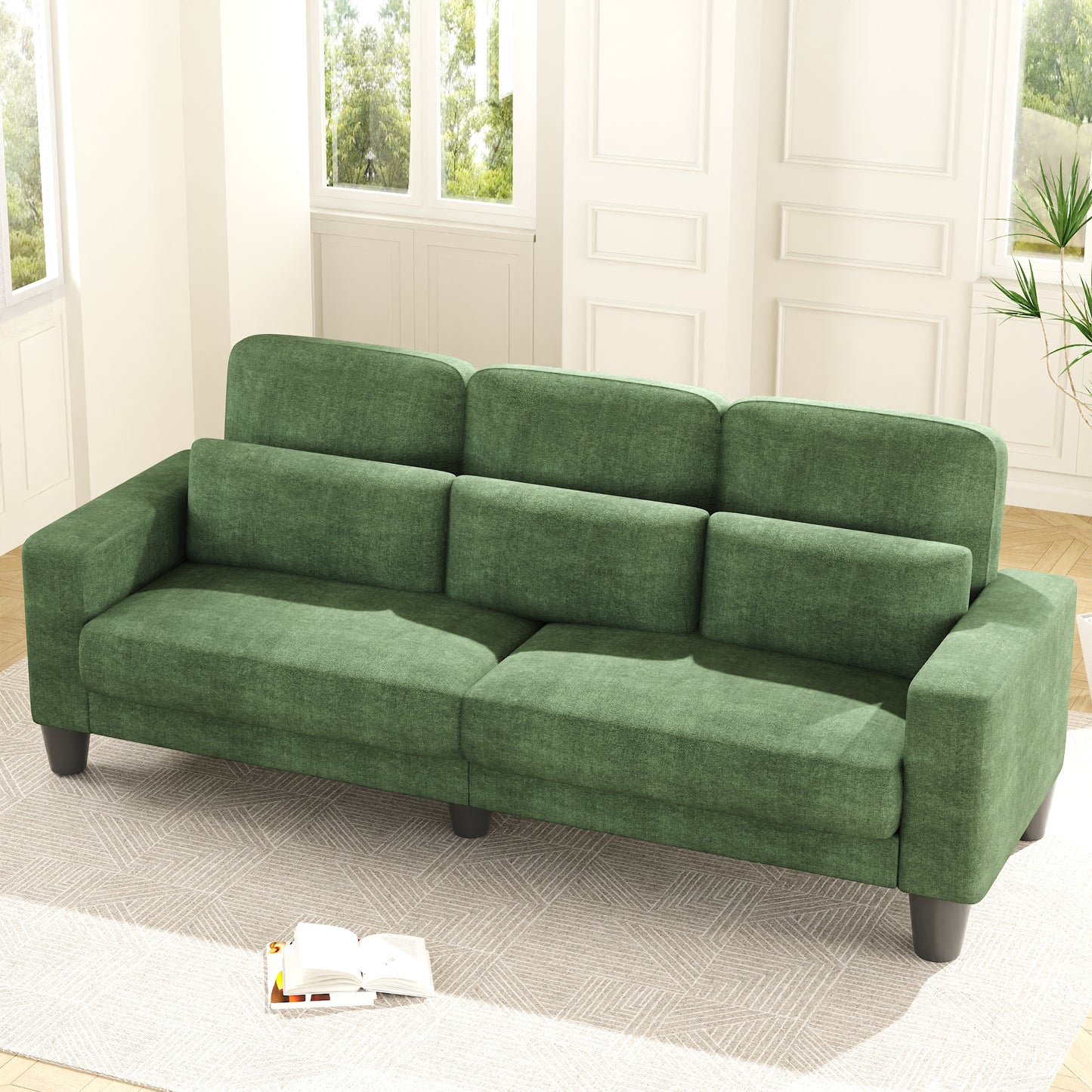 3 Seater Sofa, Upholstered Couch with 3 Pillows and Removable Linen Cover, Deep Seat Sofa with Wide Armrests for Living Room, Bedroom, or Office, Green