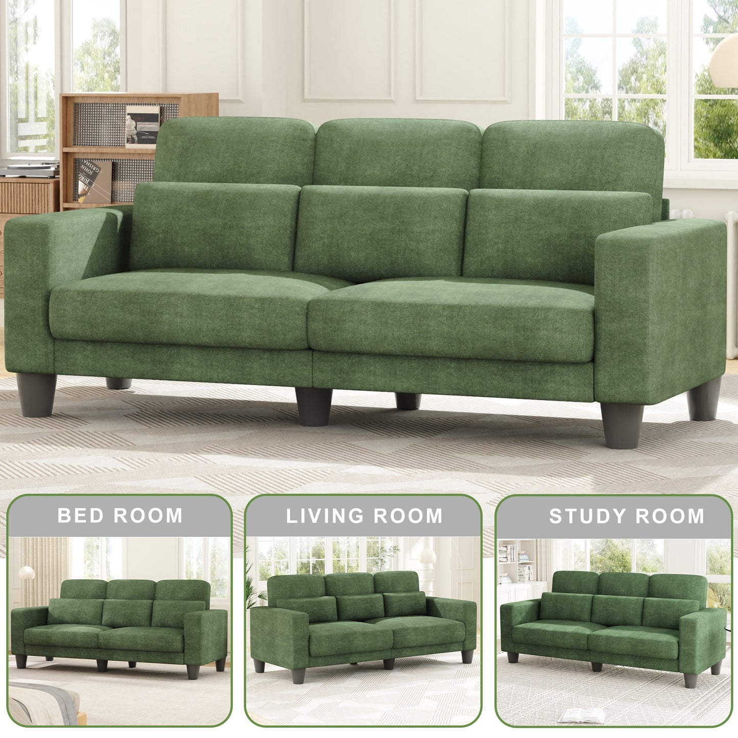 3 Seater Sofa, Upholstered Couch with 3 Pillows and Removable Linen Cover, Deep Seat Sofa with Wide Armrests for Living Room, Bedroom, or Office, Green