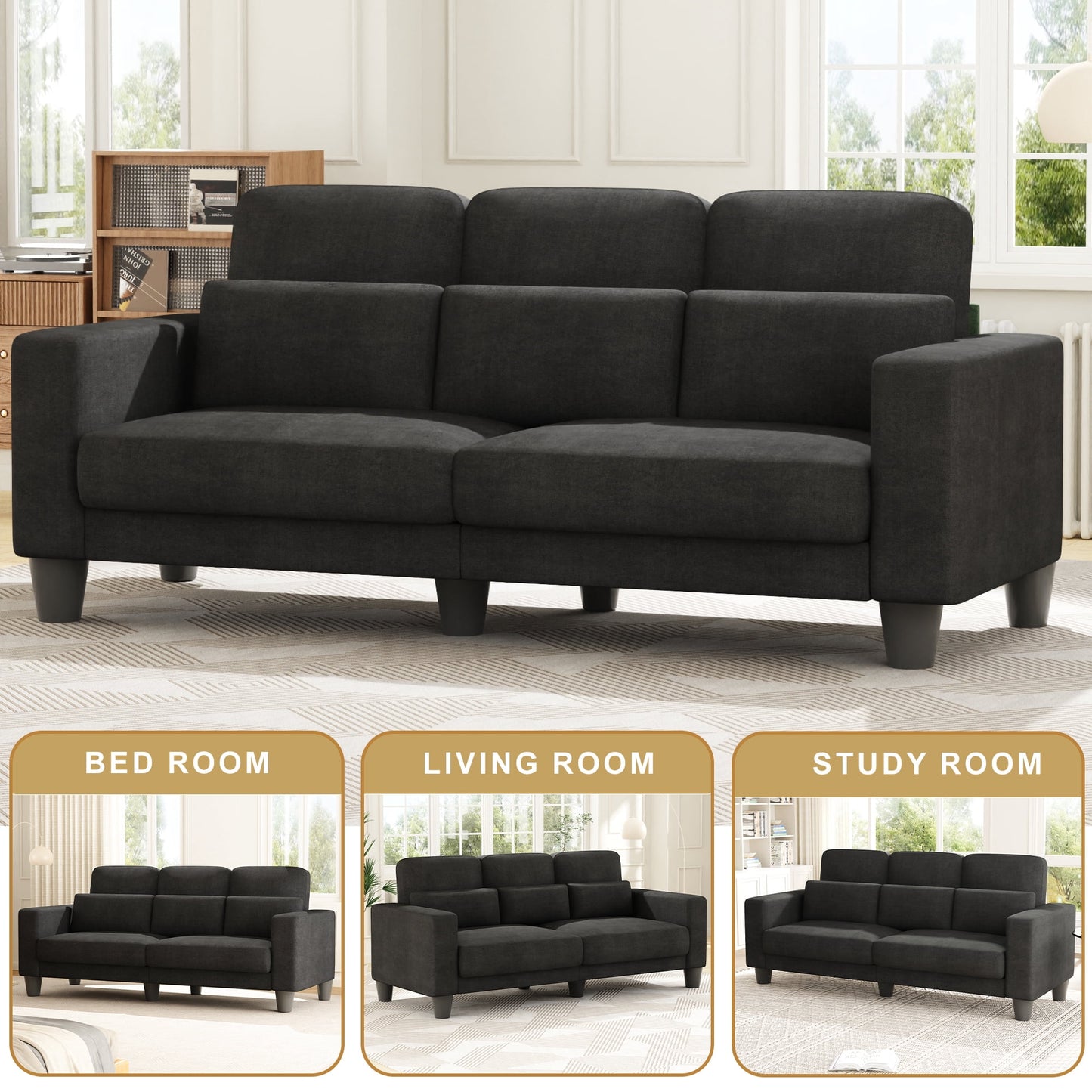3 Seater Sofa, Upholstered Couch with 3 Pillows and Removable Linen Cover, Deep Seat Sofa with Wide Armrests for Living Room, Bedroom, or Office, Gray
