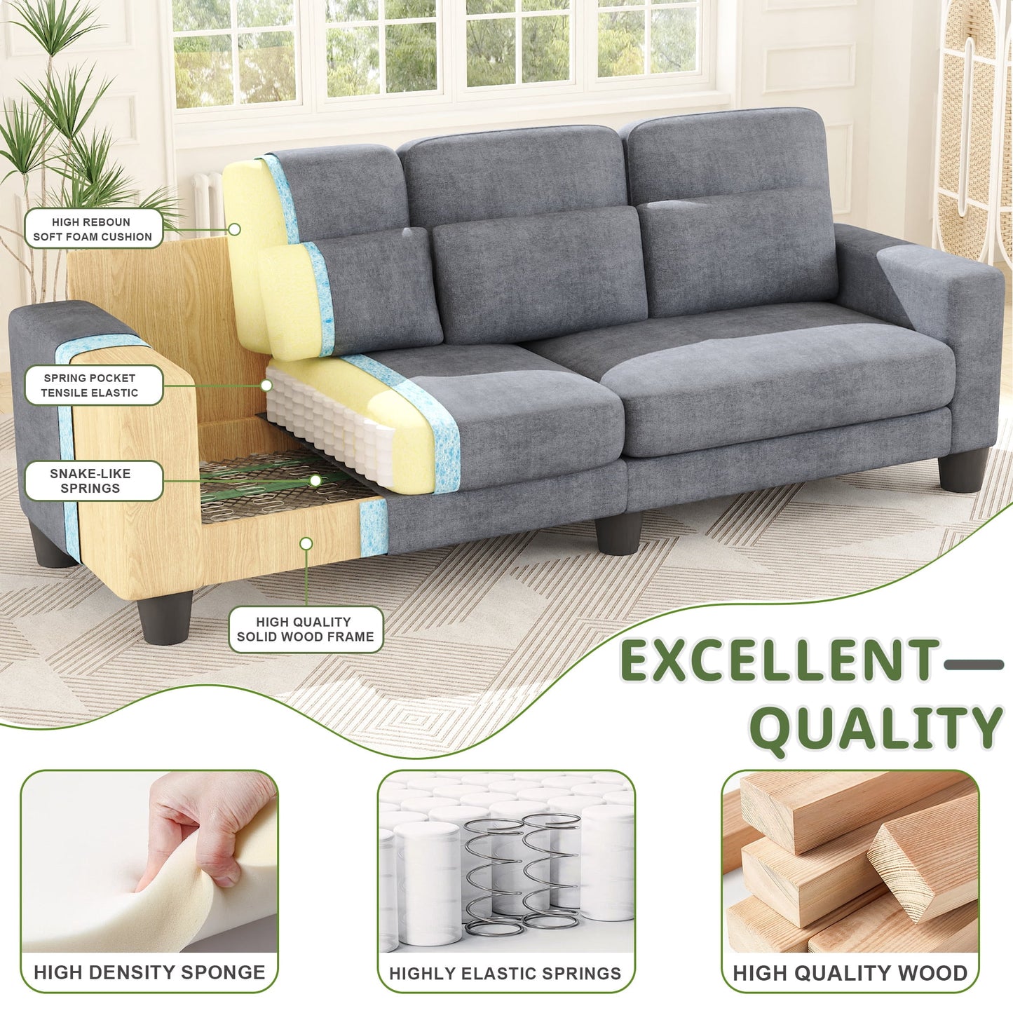 3 Seater Sofa, Upholstered Couch with 3 Pillows and Removable Linen Cover, Deep Seat Sofa with Wide Armrests for Living Room, Bedroom, or Office, Light Gray
