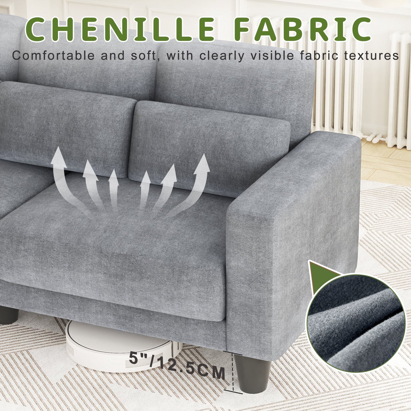 3 Seater Sofa, Upholstered Couch with 3 Pillows and Removable Linen Cover, Deep Seat Sofa with Wide Armrests for Living Room, Bedroom, or Office, Light Gray