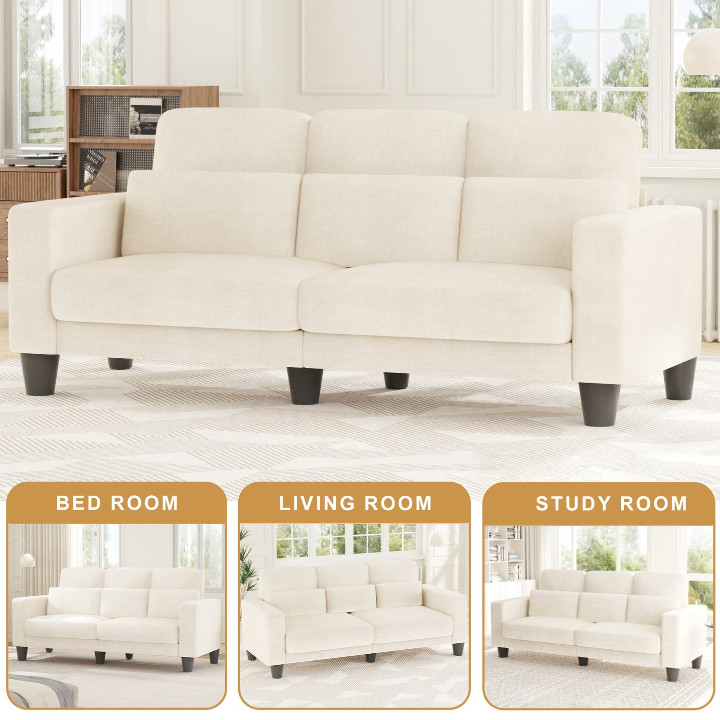 3 Seater Sofa, Upholstered Couch with 3 Pillows and Removable Linen Cover, Deep Seat Sofa with Wide Armrests for Living Room, Bedroom, or Office, Beige