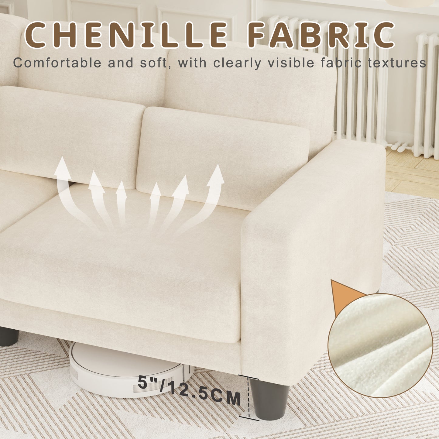 3 Seater Sofa, Upholstered Couch with 3 Pillows and Removable Linen Cover, Deep Seat Sofa with Wide Armrests for Living Room, Bedroom, or Office, Beige