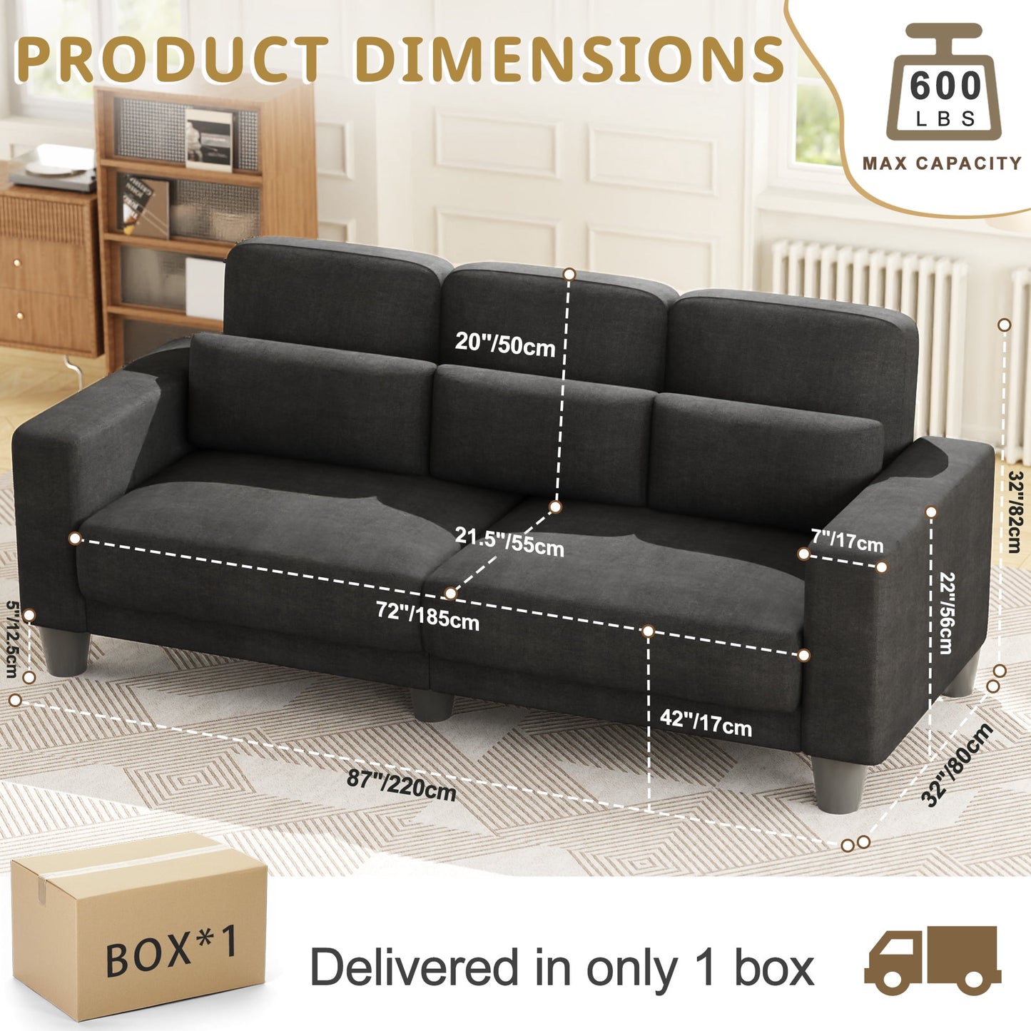 3 Seater Sofa, Upholstered Couch with 3 Pillows and Removable Linen Cover, Deep Seat Sofa with Wide Armrests for Living Room, Bedroom, or Office, Gray