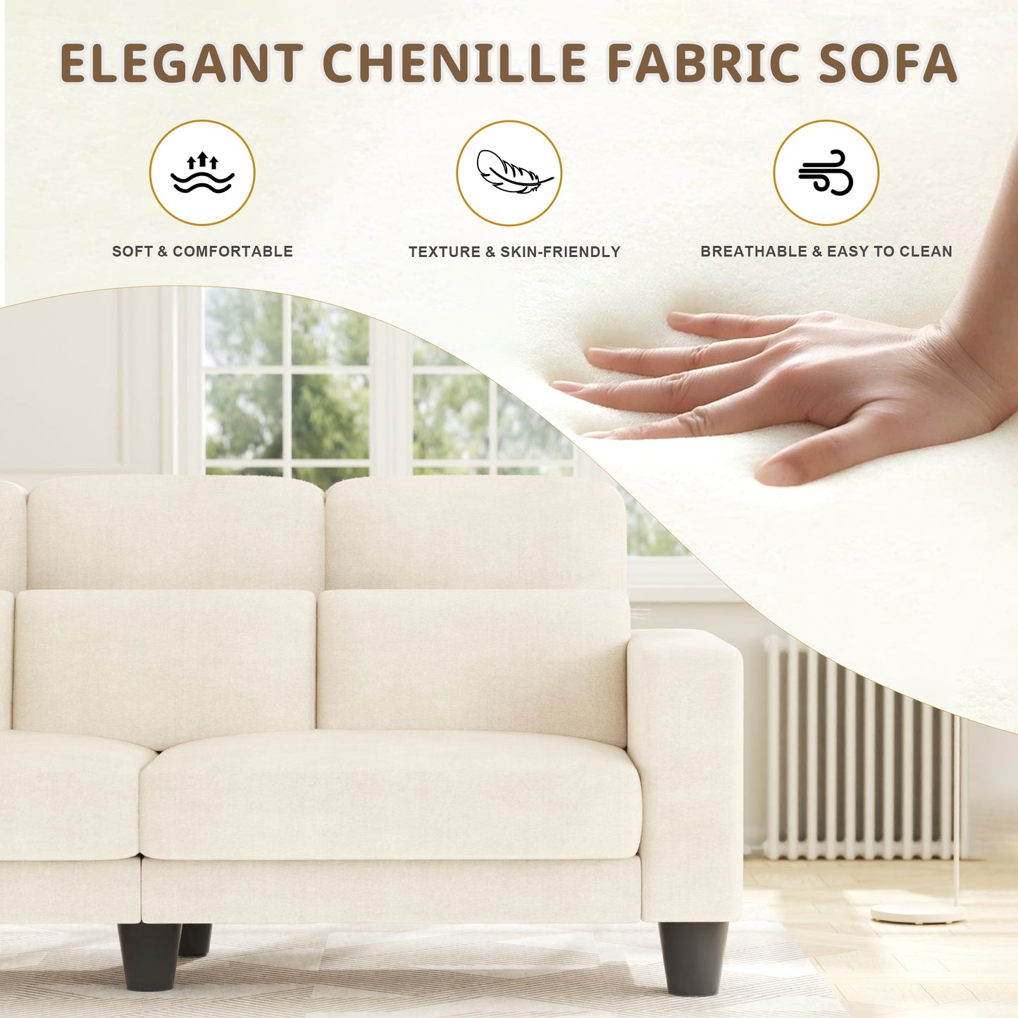 3 Seater Sofa, Upholstered Couch with 3 Pillows and Removable Linen Cover, Deep Seat Sofa with Wide Armrests for Living Room, Bedroom, or Office, Beige