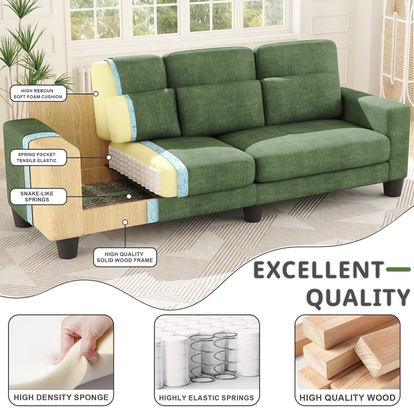 3 Seater Sofa, Upholstered Couch with 3 Pillows and Removable Linen Cover, Deep Seat Sofa with Wide Armrests for Living Room, Bedroom, or Office, Green