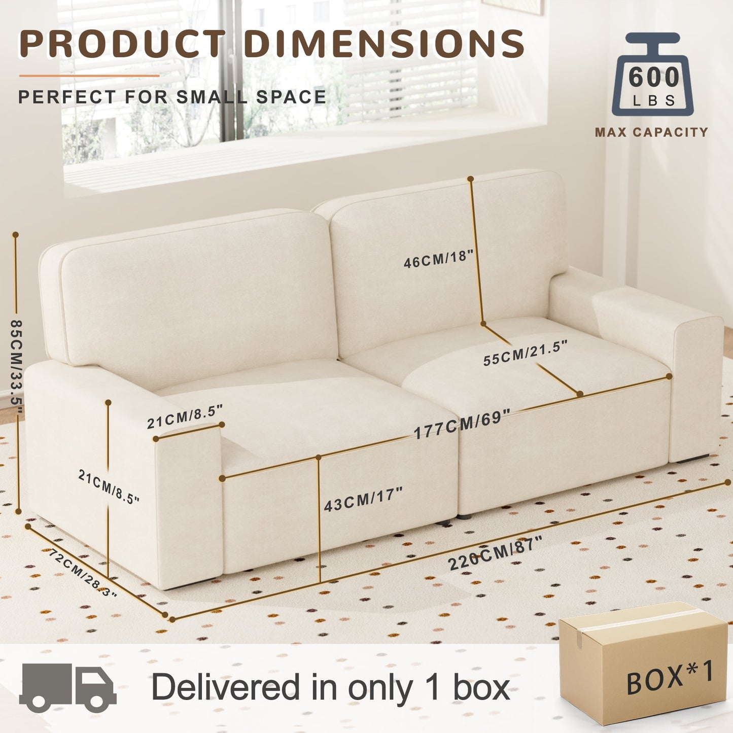 AAQZ 87" Comfy Sofa Couch for Living Room, Modern Deep Seat Couch with Wide Armrest, Removable Cover, Chenille Fabric Couches for Small Space, Apartment, 3 Seater(Beige)