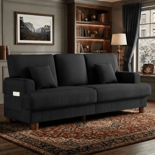 3 Seater Sofa for Living Room, AAQZ 87" Comfy Corduroy Couch, Solid Wood Leg, 2 Pillows, Black