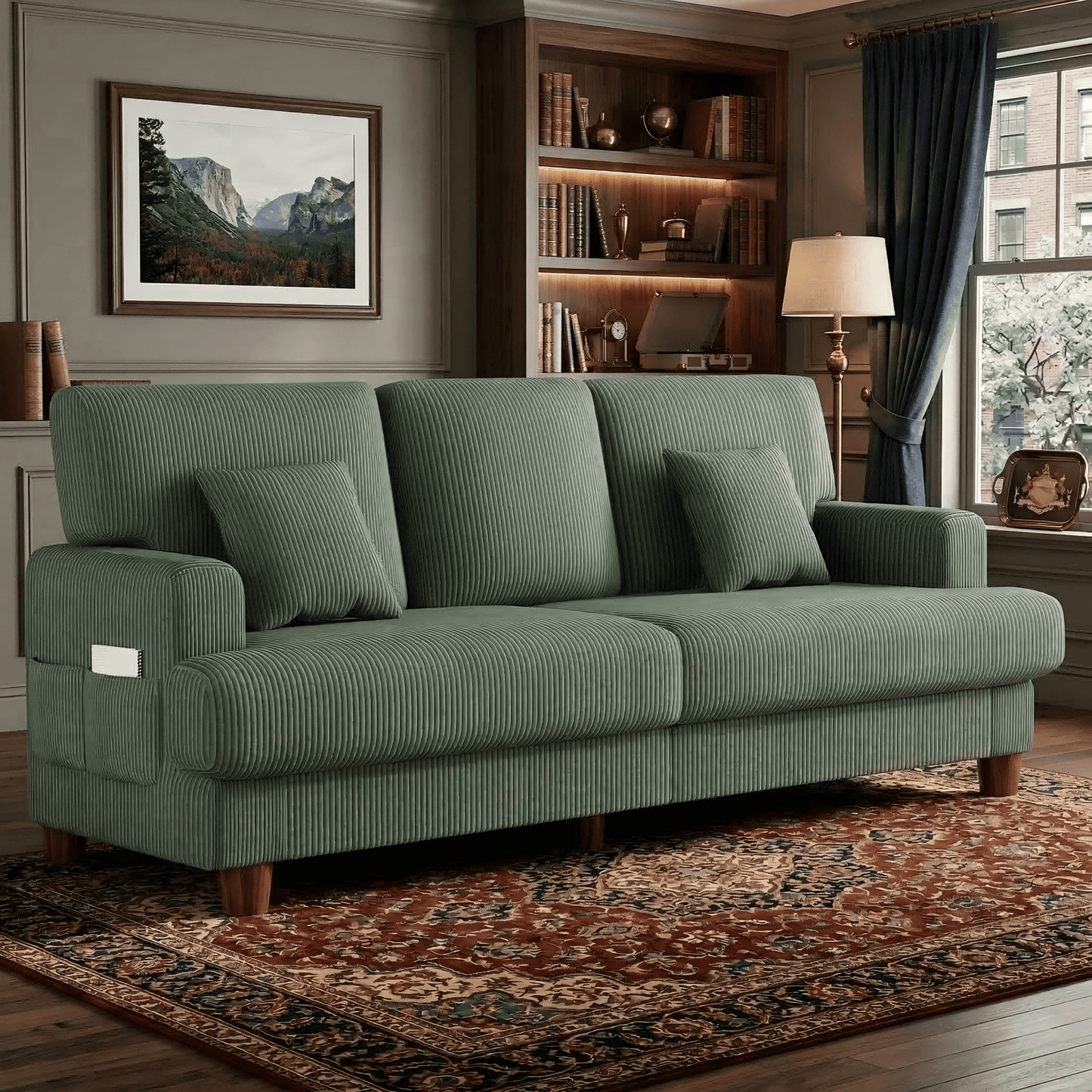 3 Seater Sofa for Living Room, AAQZ 87" Comfy Corduroy Couch, Solid Wood Leg, 2 Pillows, Green