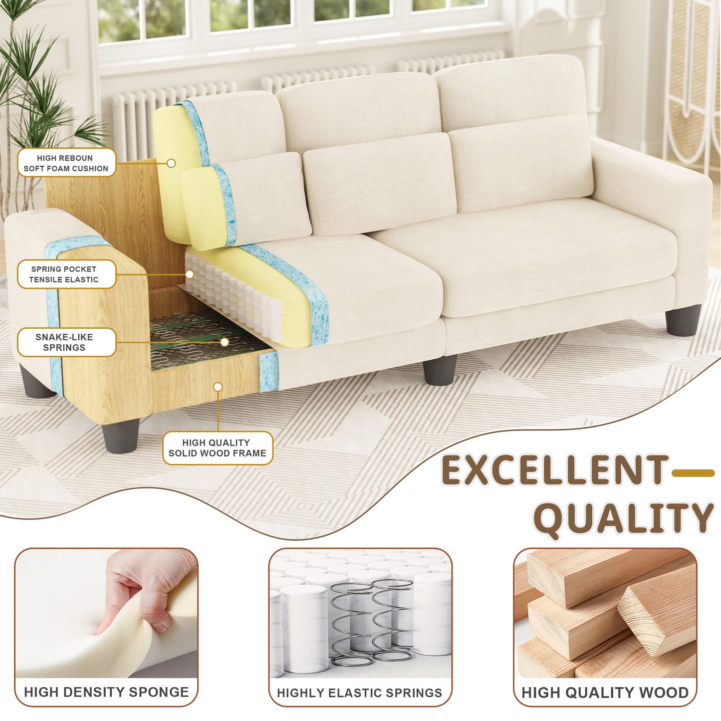 3 Seater Sofa, Upholstered Couch with 3 Pillows and Removable Linen Cover, Deep Seat Sofa with Wide Armrests for Living Room, Bedroom, or Office, Beige