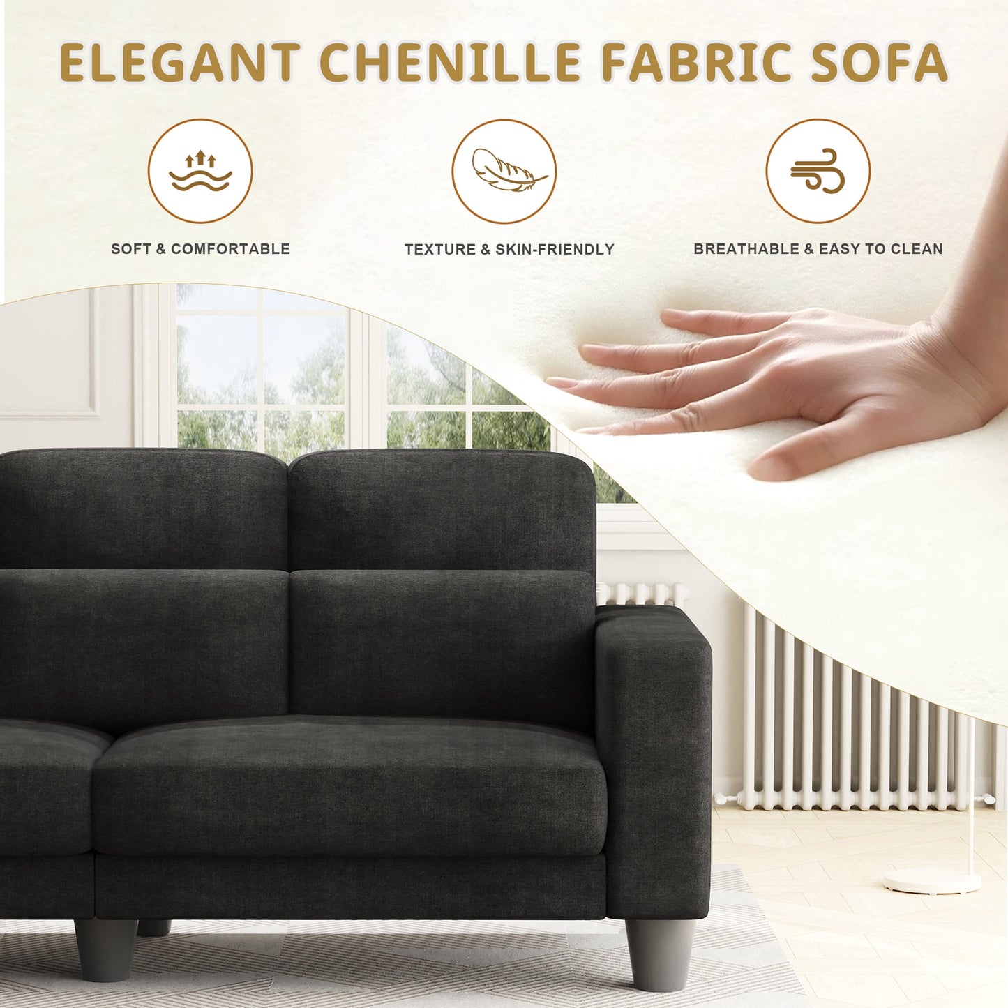 3 Seater Sofa, Upholstered Couch with 3 Pillows and Removable Linen Cover, Deep Seat Sofa with Wide Armrests for Living Room, Bedroom, or Office, Gray