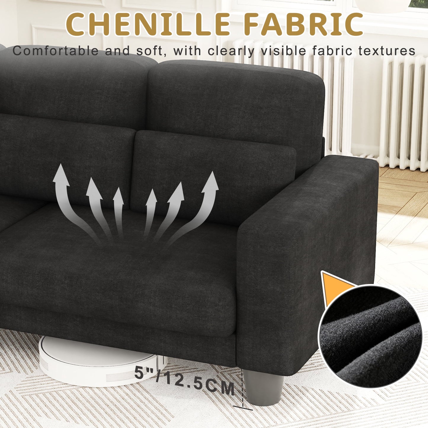 3 Seater Sofa, Upholstered Couch with 3 Pillows and Removable Linen Cover, Deep Seat Sofa with Wide Armrests for Living Room, Bedroom, or Office, Gray