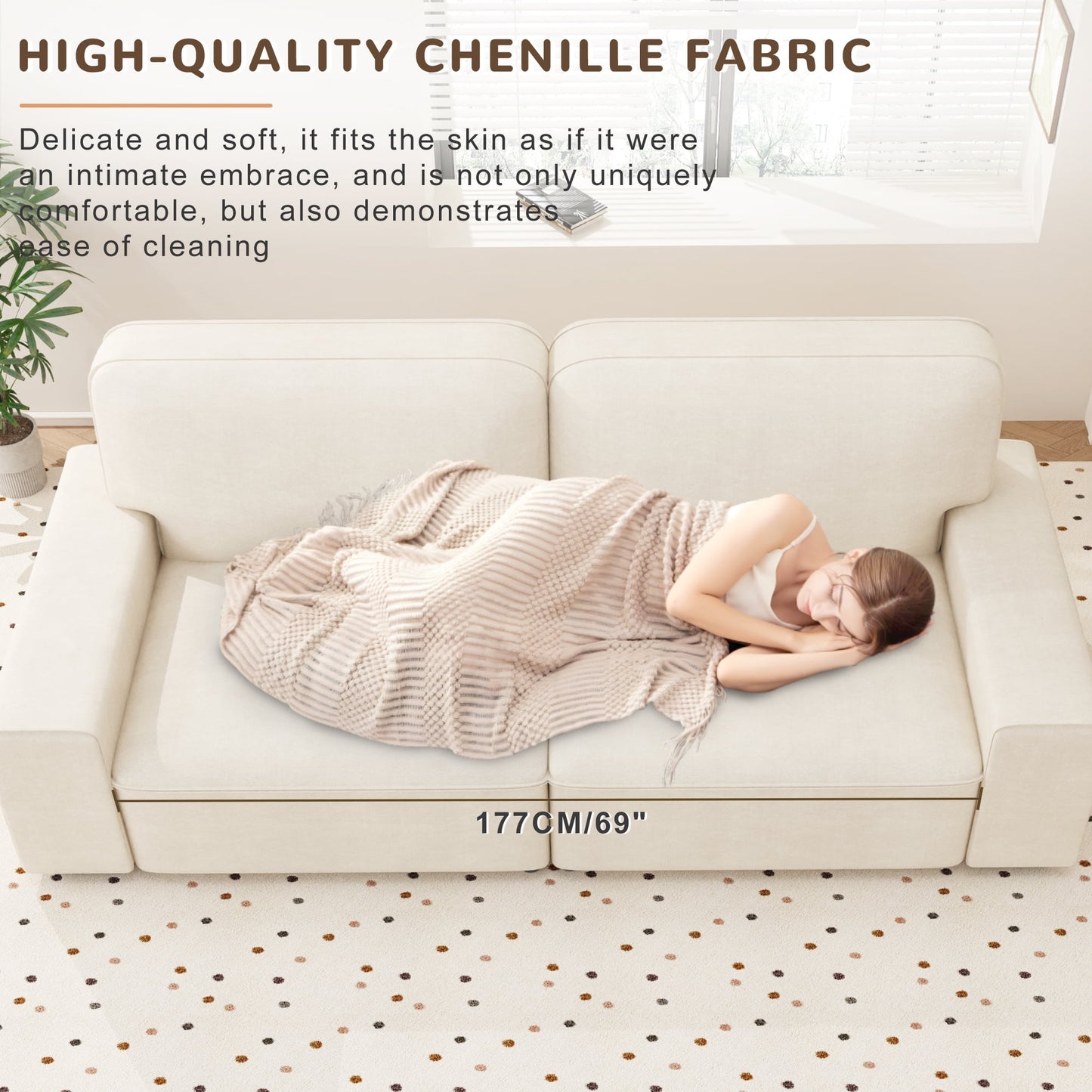 AAQZ 87" Comfy Sofa Couch for Living Room, Modern Deep Seat Couch with Wide Armrest, Removable Cover, Chenille Fabric Couches for Small Space, Apartment, 3 Seater(Beige)