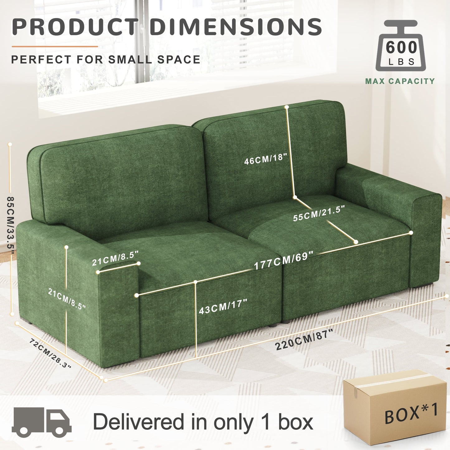 AAQZ 87" Comfy Sofa Couch for Living Room, Modern Deep Seat Couch with Wide Armrest, Removable Cover, Chenille Fabric Couches for Small Space, Apartment, 3 Seater(Green)