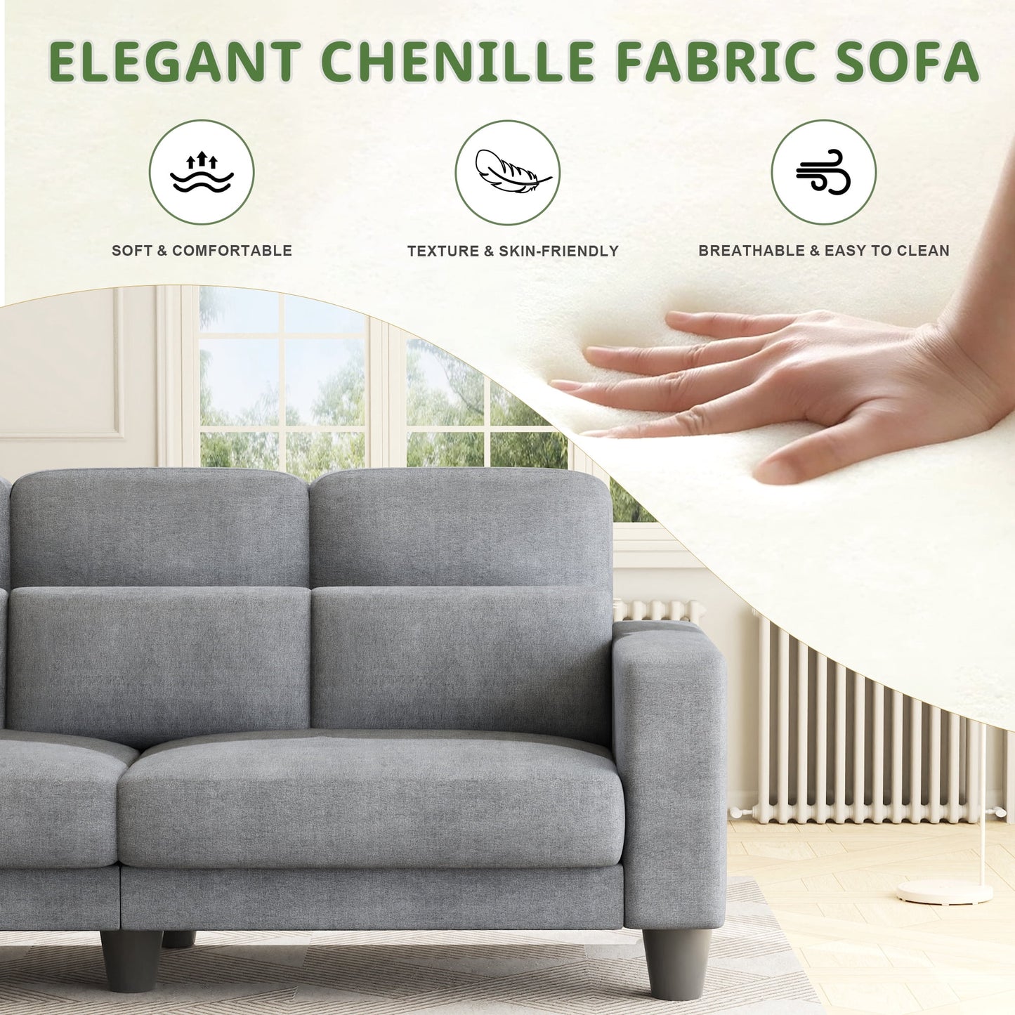 3 Seater Sofa, Upholstered Couch with 3 Pillows and Removable Linen Cover, Deep Seat Sofa with Wide Armrests for Living Room, Bedroom, or Office, Light Gray