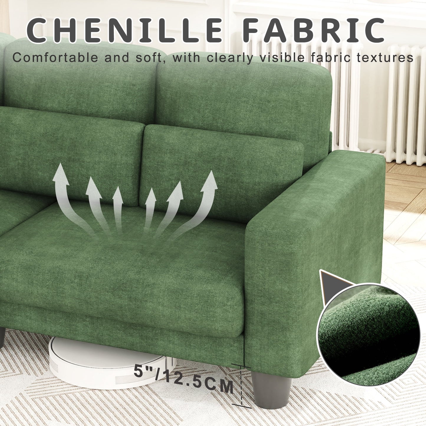 3 Seater Sofa, Upholstered Couch with 3 Pillows and Removable Linen Cover, Deep Seat Sofa with Wide Armrests for Living Room, Bedroom, or Office, Green