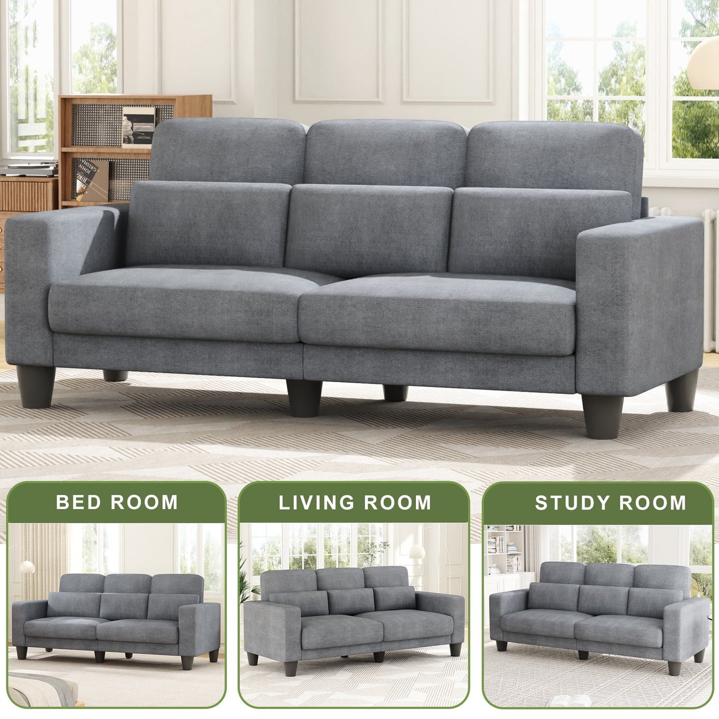 3 Seater Sofa, Upholstered Couch with 3 Pillows and Removable Linen Cover, Deep Seat Sofa with Wide Armrests for Living Room, Bedroom, or Office, Light Gray