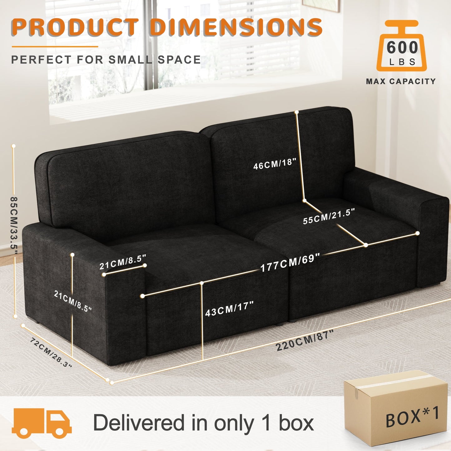 AAQZ 87" Comfy Sofa Couch for Living Room, Modern Deep Seat Couch with Wide Armrest, Removable Cover, Chenille Fabric Couches for Small Space, Apartment, 3 Seater(Deep Gray)